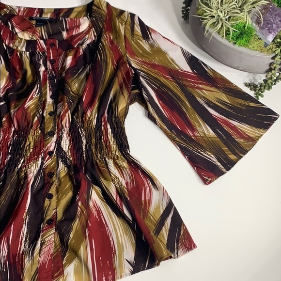 Ashley Stewart Elastic Waist Peplum Bell Sleeve abstract autumn blouse 18 - Picture 5 of 8